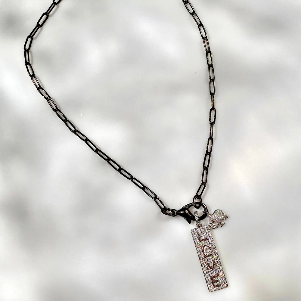 16" Gun Metal Chain Charm Necklace- LOVE & Luck (Elephant) Charms The Bold Blondes