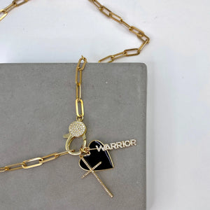22" Gold Paperclip Chain Warrior & Black Heart Charm Necklace The Bold Blondes