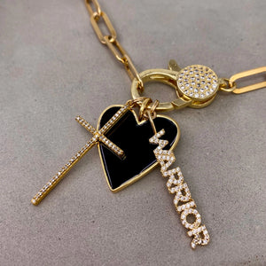 22" Gold Paperclip Chain Warrior & Black Heart Charm Necklace The Bold Blondes