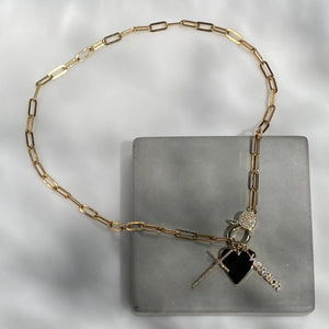 22" Gold Paperclip Chain Warrior & Black Heart Charm Necklace The Bold Blondes