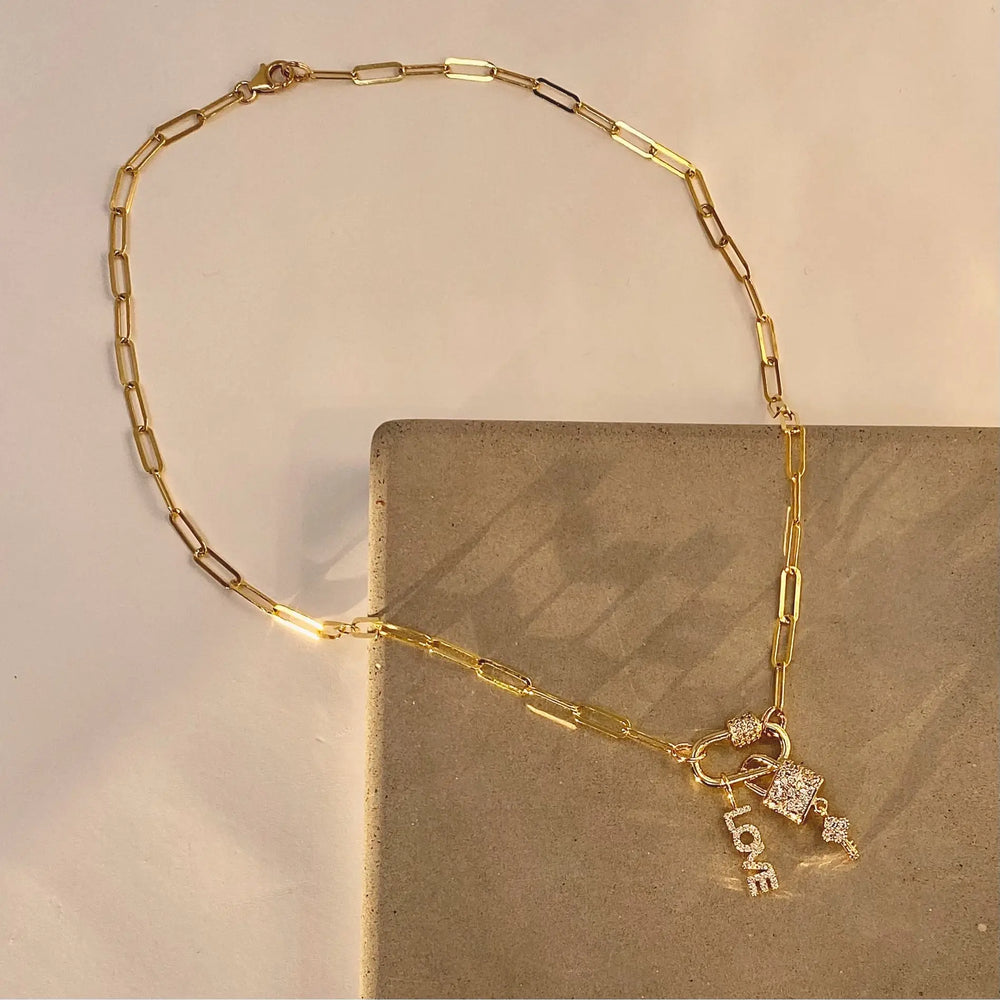 18" Gold Paperclip Chain ‘Love & Lock’ Charm Necklace The Bold Blondes