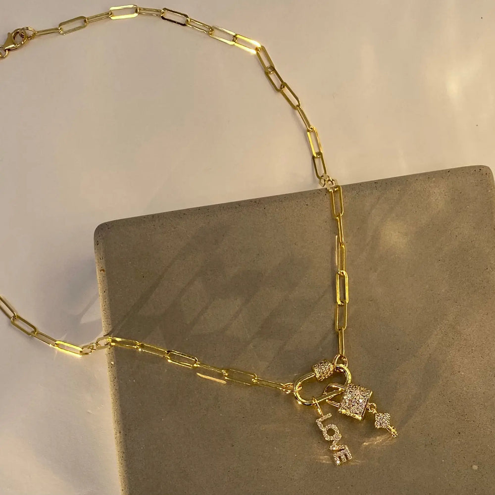 18" Gold Paperclip Chain ‘Love & Lock’ Charm Necklace The Bold Blondes