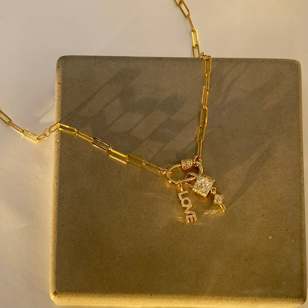 18" Gold Paperclip Chain ‘Love & Lock’ Charm Necklace The Bold Blondes