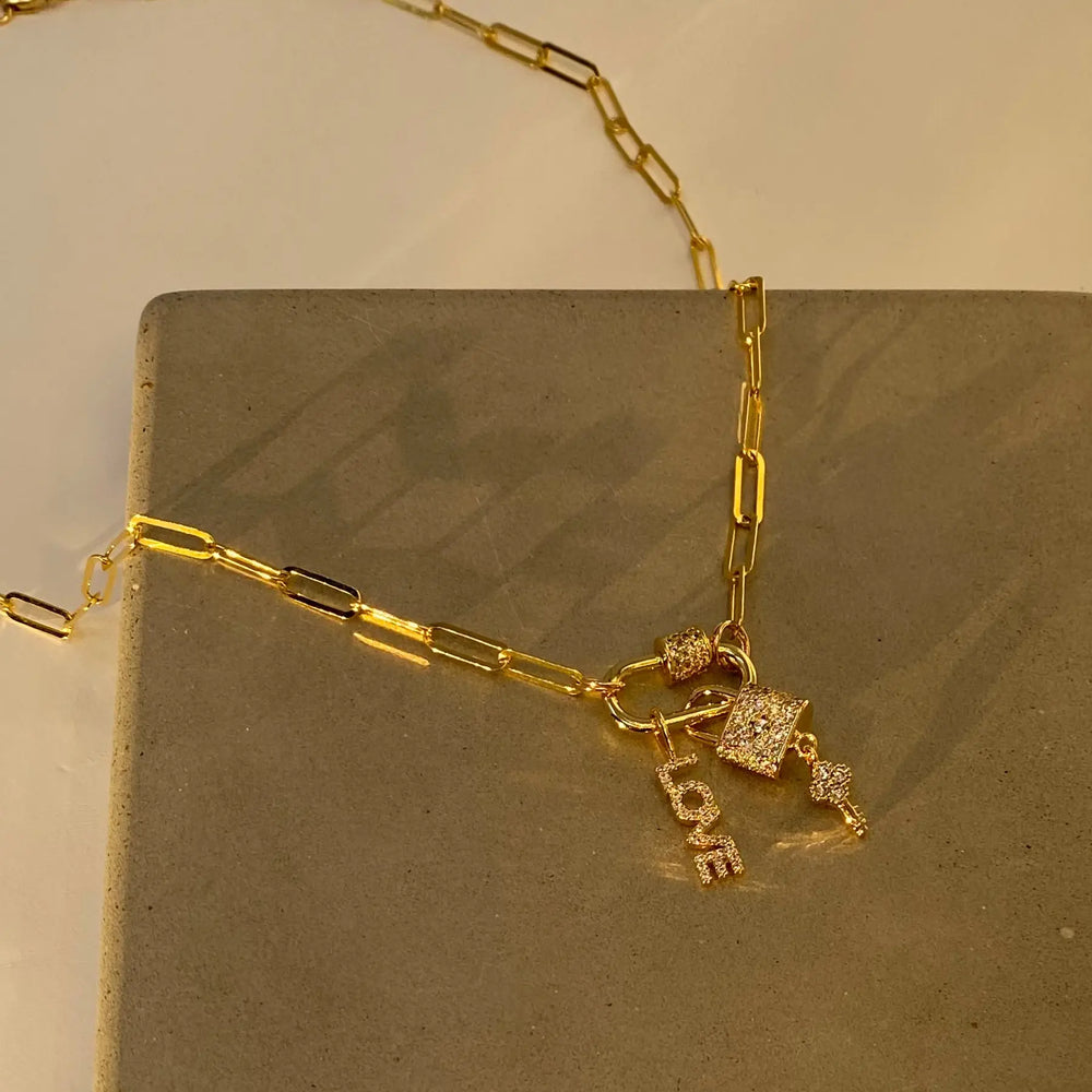 18" Gold Paperclip Chain ‘Love & Lock’ Charm Necklace The Bold Blondes