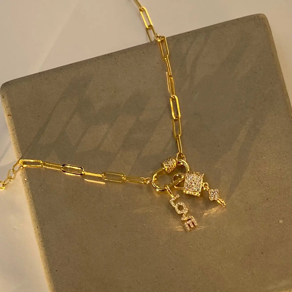 18" Gold Paperclip Chain ‘Love & Lock’ Charm Necklace The Bold Blondes